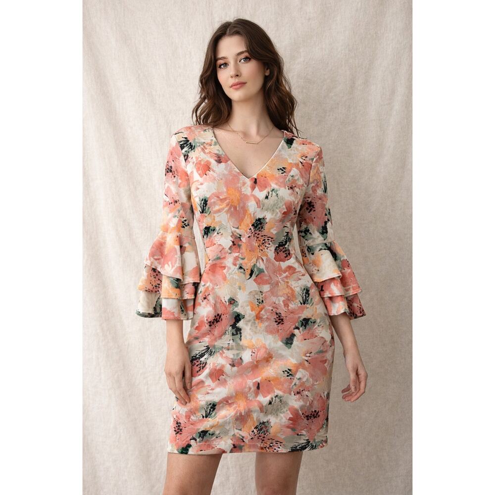 Sami & Jo Floral Ruffle Sleeve Dress V Neck Blush Pink Cottagecore Feminine